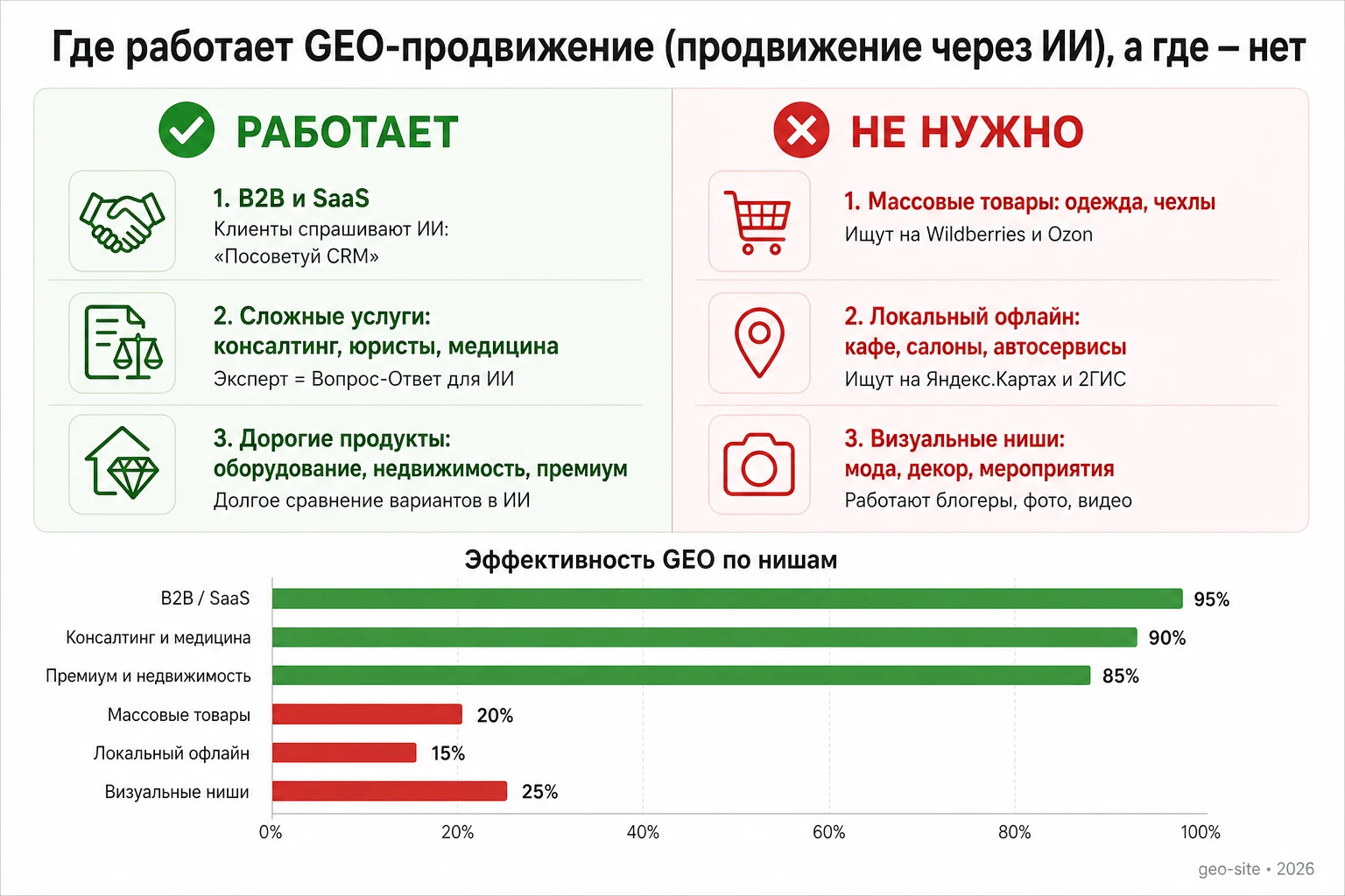 Таблица: где работает GEO-продвижение через ИИ, а где — нет